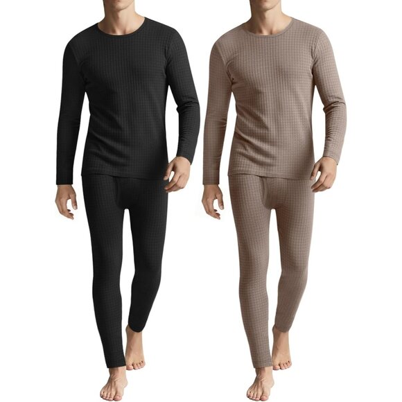 2 Set Men's Thermal Underwear Waffle Knit Fleece Lined Shirts and Pants Warm Ba